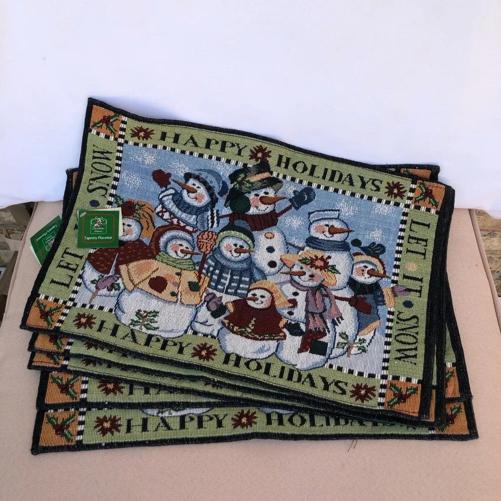 Set Of 5 Christmas Tapestry Placemats Let It Snow Happy Holidays Snow Man Family